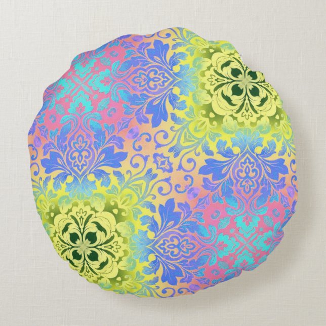 hippy chic turquoise yellow aqua bohemian round pillow (Back)