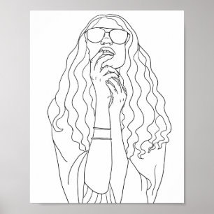 Hippy Chick Womans portrait line art colouring pag Poster