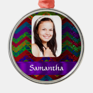 Hippy colour chevron personalized photo template metal ornament