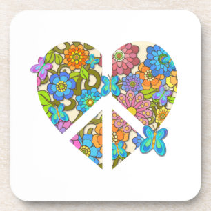 Hippy Flower Peace Sign Heart Coaster