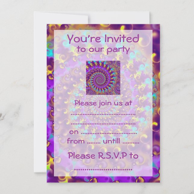 Hippy Fractal Pattern Purple Turquoise & Yellow Invitation (Front)