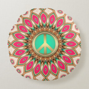 Hippy Groovy Love & Peace Sunflower Round Pillow