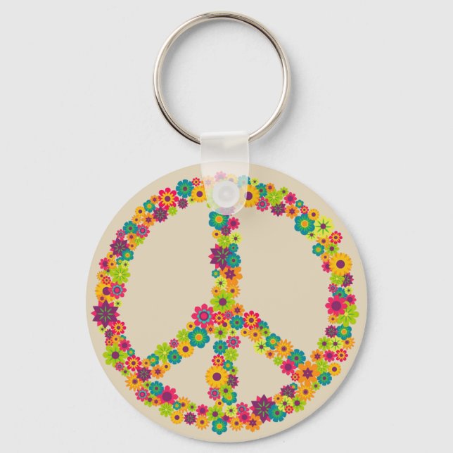 Hippy peace sign flowers keychain (Front)