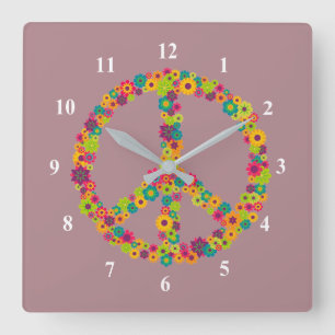 Hippy peace sign flowers square wall clock