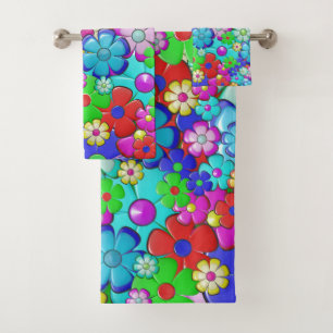Hippy retro floral art bath towel set