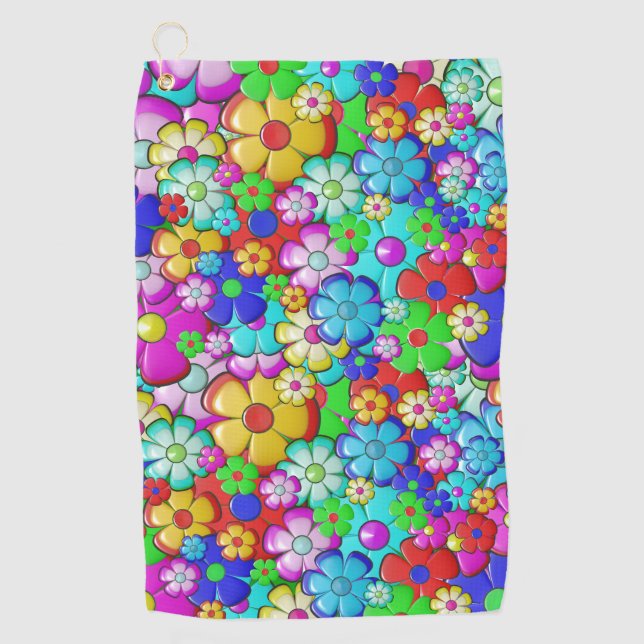Hippy retro floral art golf towel (Front)