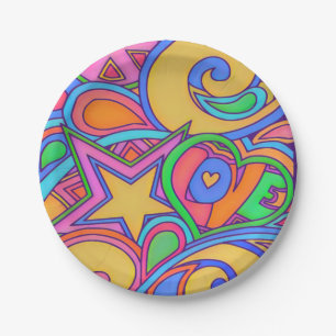 Hippy Retro Peace Art with Stars Paper Plate
