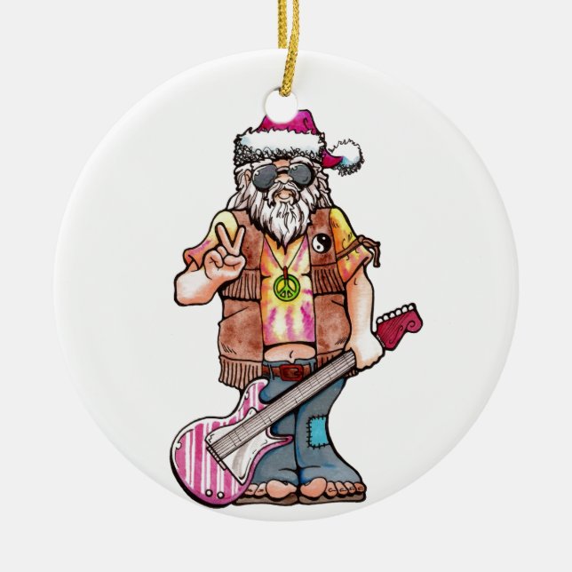 Hippy Santa says "Cool Yule" Ceramic Ornament (Front)