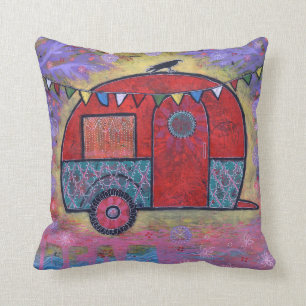 Hippy Teardrop Trailer Camper with Raven Throw Pillow