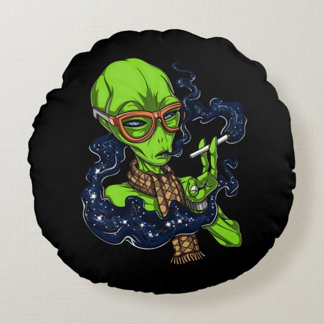 Hipster Alien Space Smoking Extraterrestrial Round Pillow (Front)