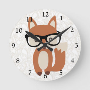 Hipster Baby Fox w/Glasses Round Clock
