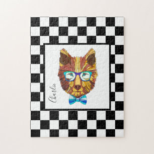 Hipster Bear on B&W Chequerboard, personalized Jigsaw Puzzle
