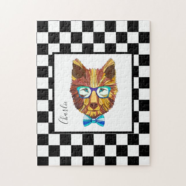 Hipster Bear on B&W Chequerboard, personalized Jigsaw Puzzle (Vertical)