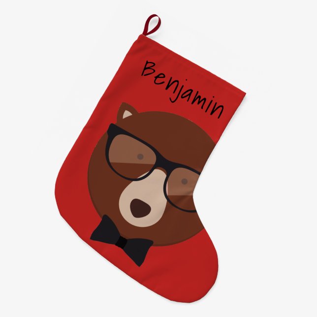 Hipster Bear Personalized Large Christmas Stocking (Front (Hanging))
