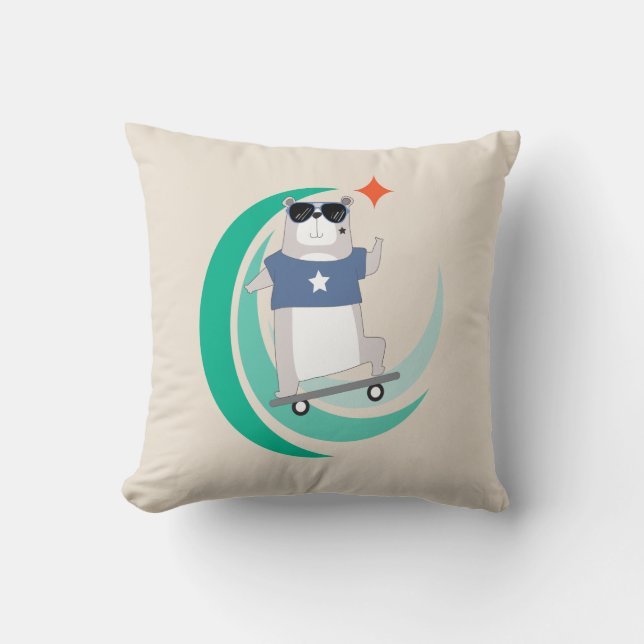 Hipster Bear Riding a Skateboard Throw Pillow (Front)