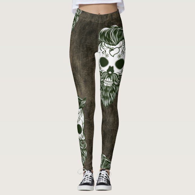 Hipster bearded sugar skull Halloween pattern Leggings (Front)