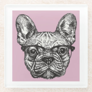 Hipster Bulldog Glass Coaster