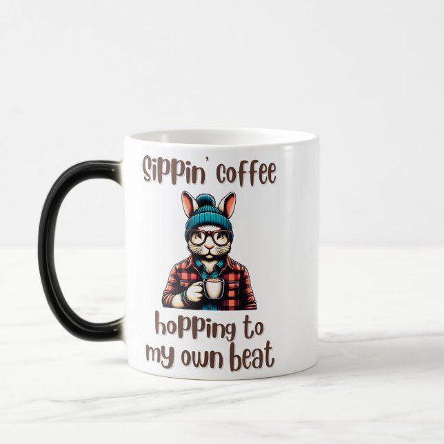 Hipster Bunny Sipping Coffee Vibe Magic Mug (Left)