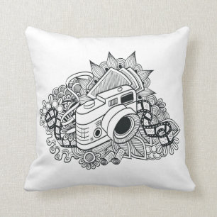 Hipster Camera Doodle Throw Pillow