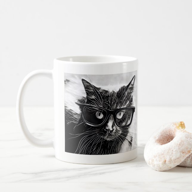 Hipster Cat!  Black Cat w/ Oversized Black Glasses Coffee Mug (With Donut)
