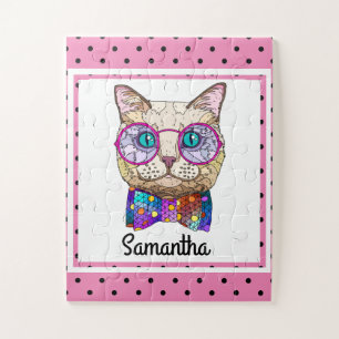 Hipster Cat on Polka Dots, Personalized Kids Jigsaw Puzzle