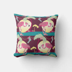Hipster Christmas Flamingo Palm Holiday Scene Throw Pillow