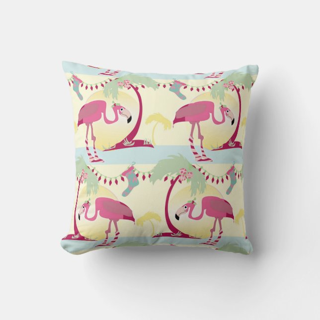 Hipster Christmas Flamingo Palm Holiday Scene Throw Pillow (Front)