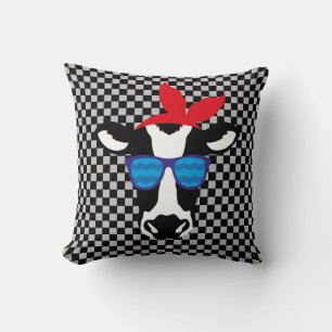 Hipster Cow on Checkerboard Throw Pillow