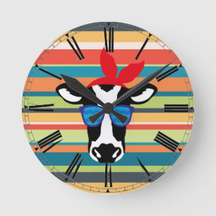 Hipster Cow on Stripes Round Clock