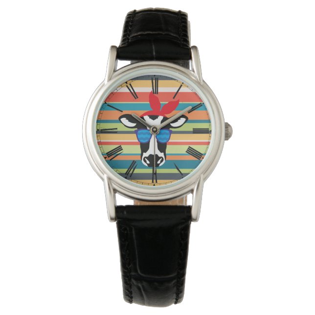 Hipster Cow on Stripes Watch (Front)
