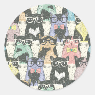 Hipster Cute Cats Pattern Classic Round Sticker