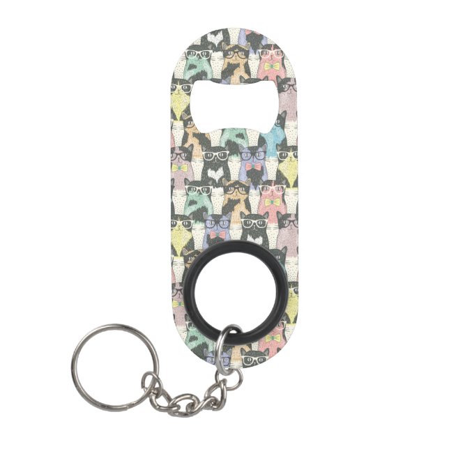 Hipster Cute Cats Pattern Keychain Bottle Opener (Front)