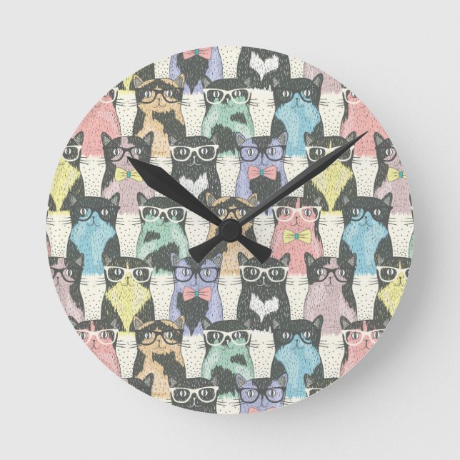 Hipster Cute Cats Pattern Round Clock (Front)