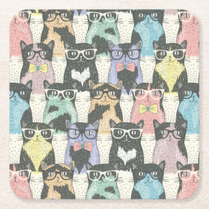 Hipster Cute Cats Pattern Square Paper Coaster