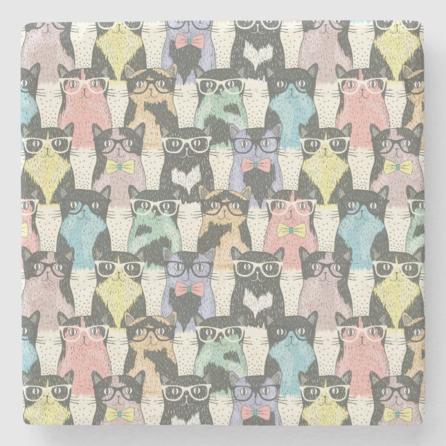Hipster Cute Cats Pattern Stone Coaster (Front)
