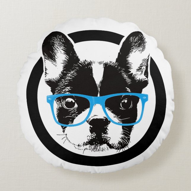 Hipster French Bulldog Nerdy Dog Round Pillow (Front)