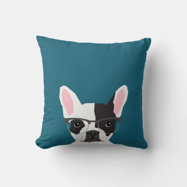 Hipster Frenchie with Glasses - French BullDog Throw Pillow (Front)