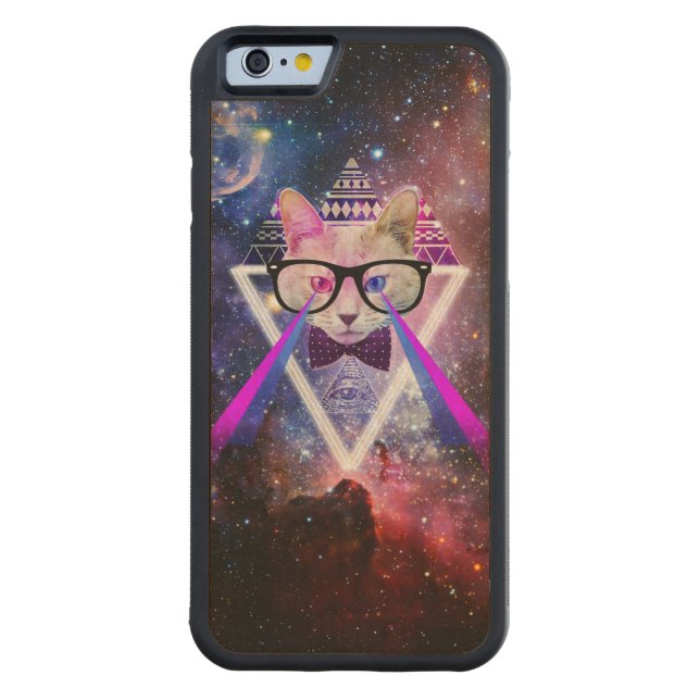 Hipster galaxy cat carved wood iPhone case (Back)