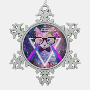 Hipster galaxy cat snowflake pewter christmas ornament