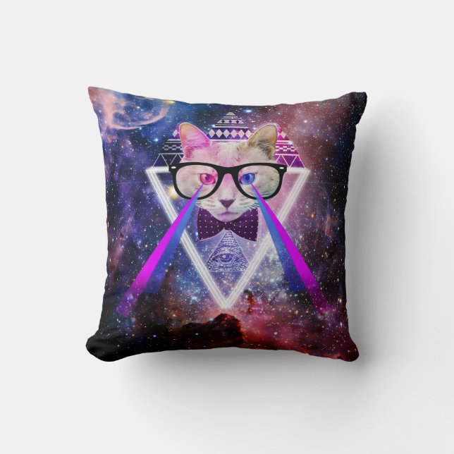 Hipster galaxy cat throw pillow (Front)