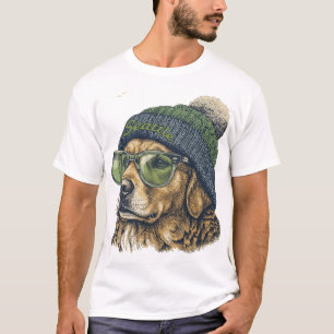 Hipster Golden Retriever Seattle Beanie & Glasses  T-Shirt