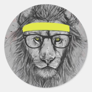 hipster lion classic round sticker