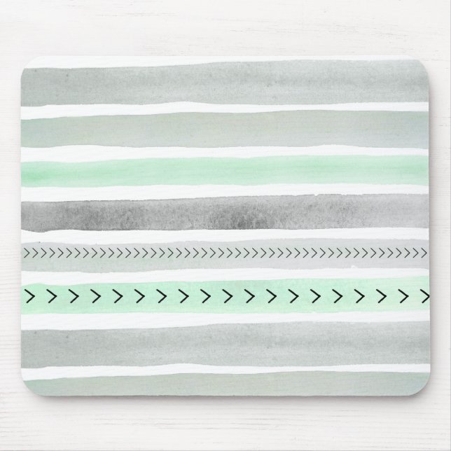 Hipster Mint Green Grey Watercolor Stripes Pattern Mouse Pad (Front)