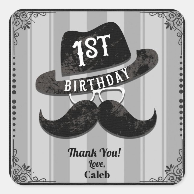 Hipster Moustache Hat Glasses 1st Birthday Party Square Sticker (Front)