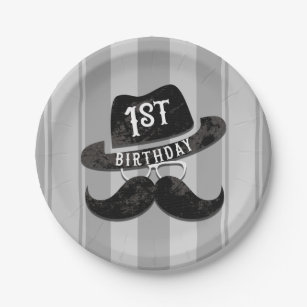 Hipster Mr. Moustache Hat Glasses 1st Birthday Paper Plate