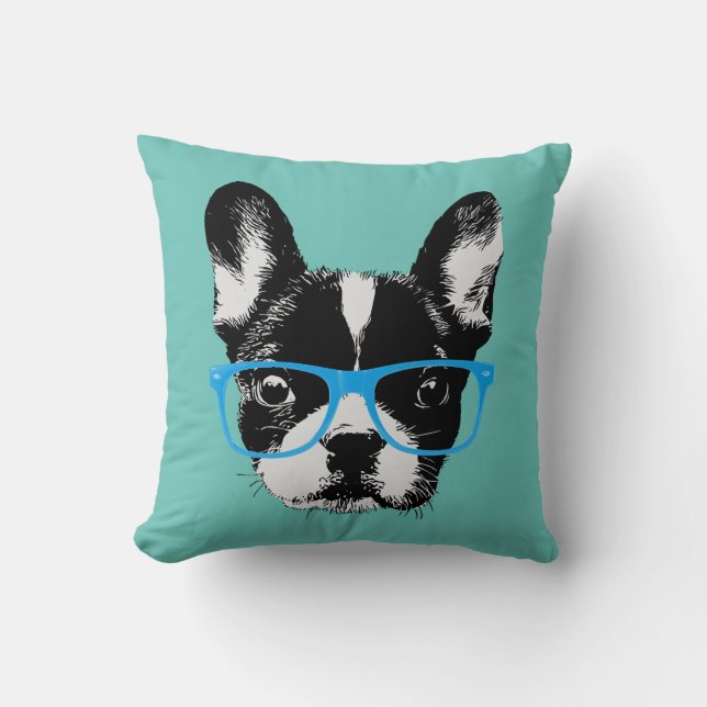 Hipster Nerdy French Bulldog Throw Pillow (Front)