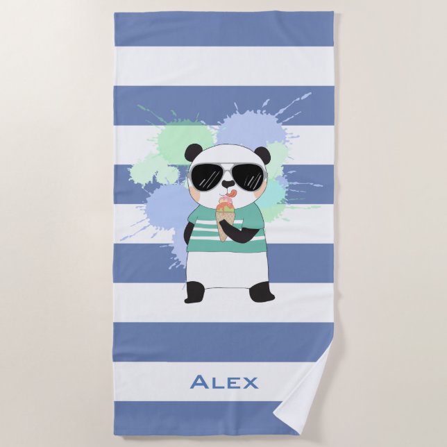 Hipster Panda on Rugby Stripes with Name Beach Towel (Front)