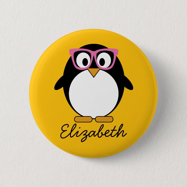 Hipster Penguin - Cute Cartoon Yellow Pink 2 Inch Round Button (Front)
