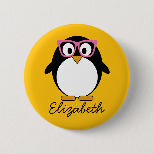 Hipster Penguin - Cute Cartoon Yellow Pink 2 Inch Round Button