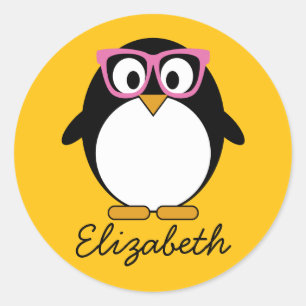 Hipster Penguin - Cute Cartoon Yellow Pink Classic Round Sticker
